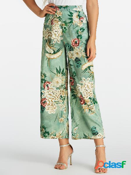 Pantalones con estampado floral de pierna ancha verde