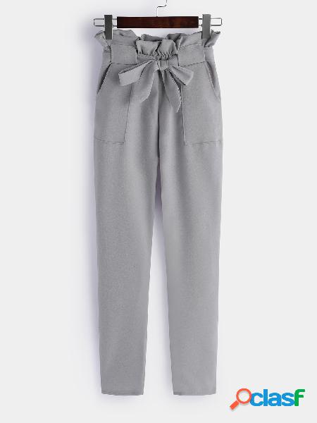 Pantalones de talle alto con diseño de cordones grises