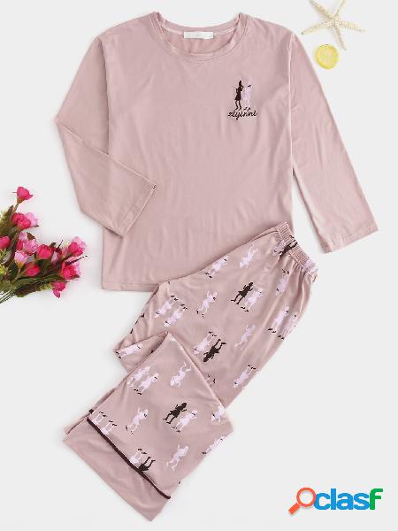 Pijamas de impresión linda de cuello redondo rosa