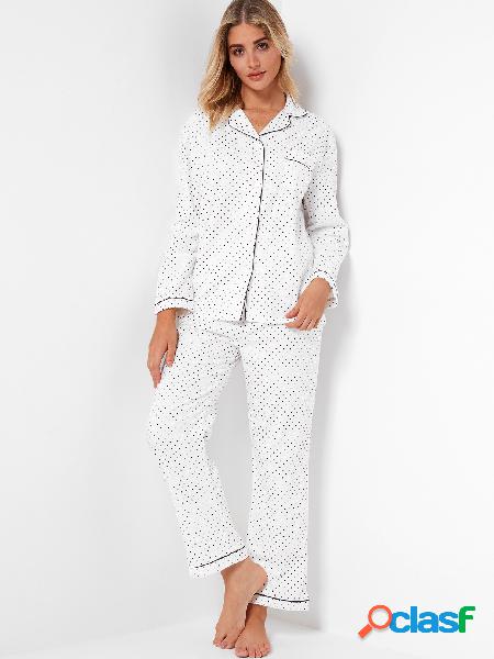 Polkat Dot Notch Collar mangas largas conjuntos de pijamas