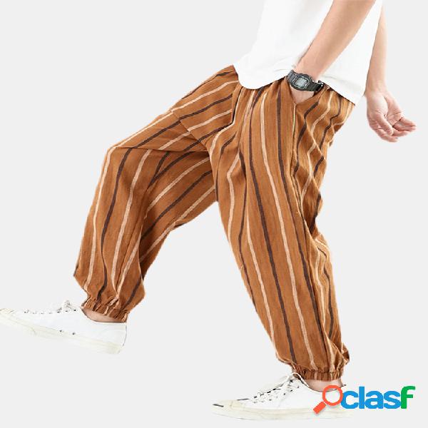 Rayas para hombre de lino ocasional flojo elástico cintura