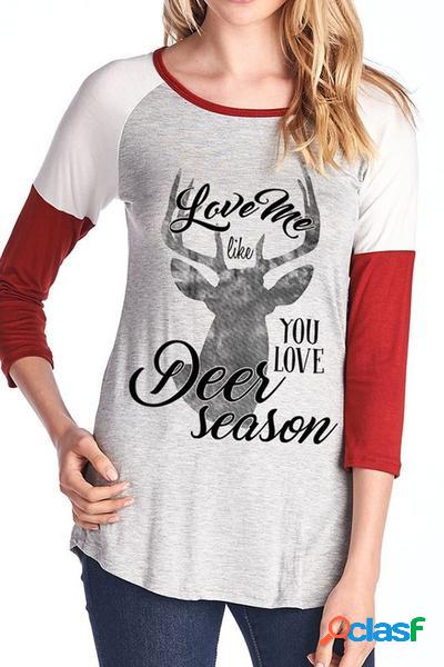 Red Christmas Graphic & Deer Pattern Camiseta de manga larga