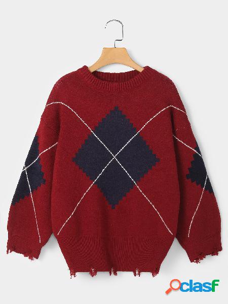 Red Geometrical Round Neck mangas largas suéter rasgado