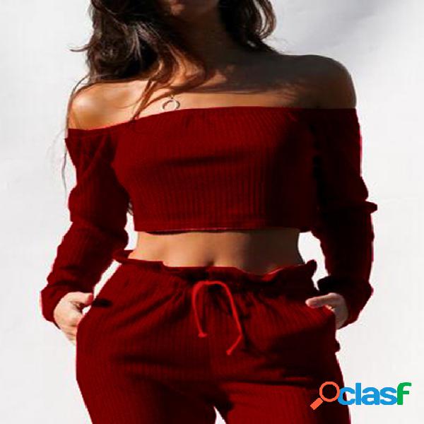 Red Off Shoulder Lace-up Elastic Waistband Casual Co-ords