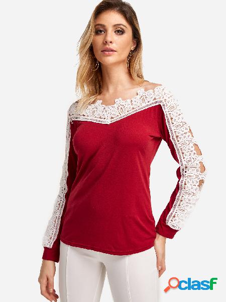 Red Off The Shoulder Lace Stitching Long Sleeves Camisetas