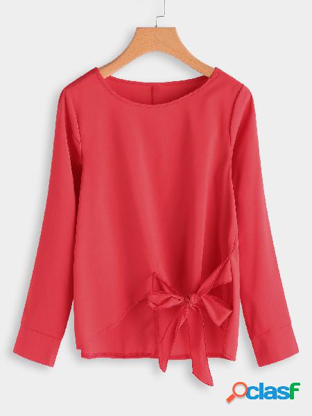 Red Plain Bowknot Design cuello redondo manga larga blusas