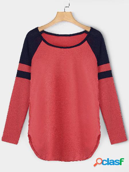 Red Plain Round Neck Long Sleeves Curve Dobladillo T-shirt
