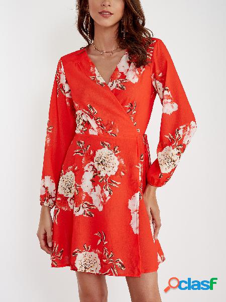 Rojo al azar impresión floral cuello en mini vestido