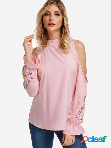 Rosa recortado bordado frío hombro manga larga Blusas