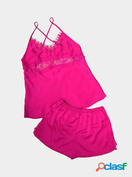 Rose Pink Lace Detalles Traje de pijama con material de seda