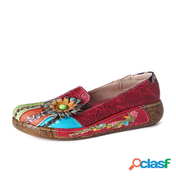 SOCOFY Retro Floral en relieve Piel Genuina Zapatos casuales