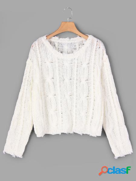 Suéter Beige Ribbed Knitted Ripped Crop Sweater
