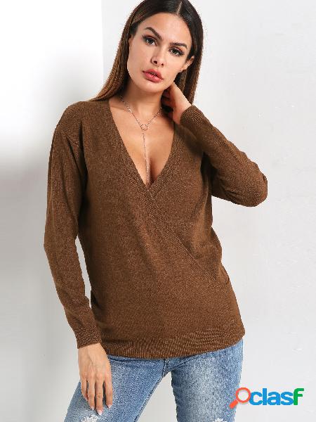 Suéter de manga larga con cuello en V y cruz en color caqui