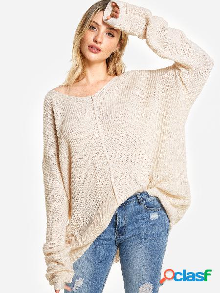 Suéter de manga larga de gran tamaño con cuello en V beige