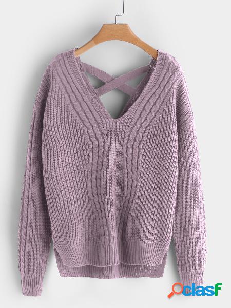 Suéteres de manga larga con cuello en v rosa