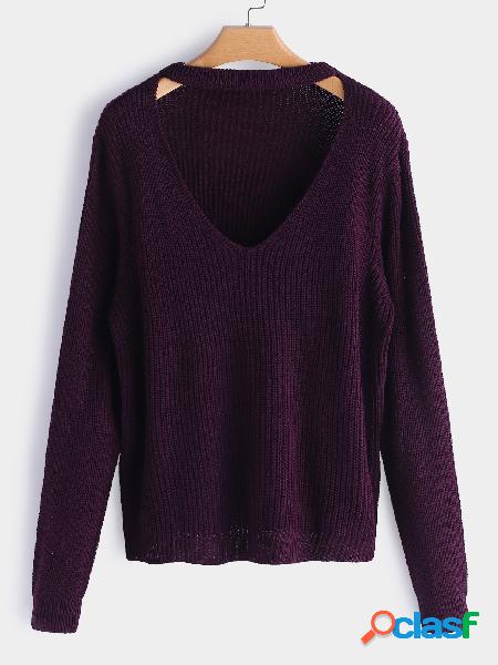 Suéteres de manga larga con cuello en v violeta