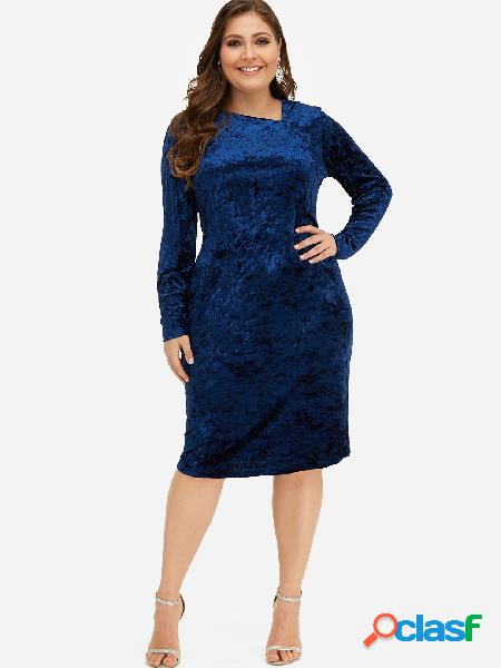 Talla grande de terciopelo azul liso mini vestido