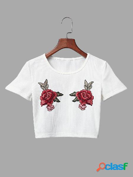 Top de costura bordada floral rosada de punto del blanco