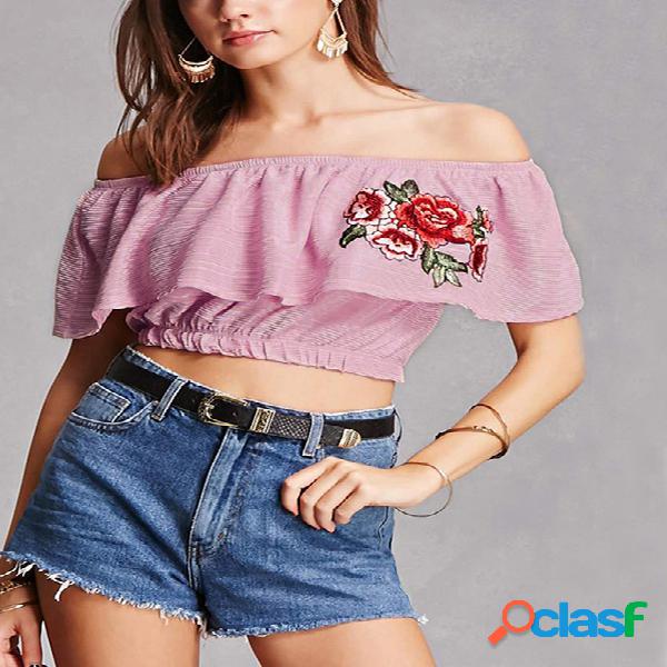 Top de costura bordada hombro con lila