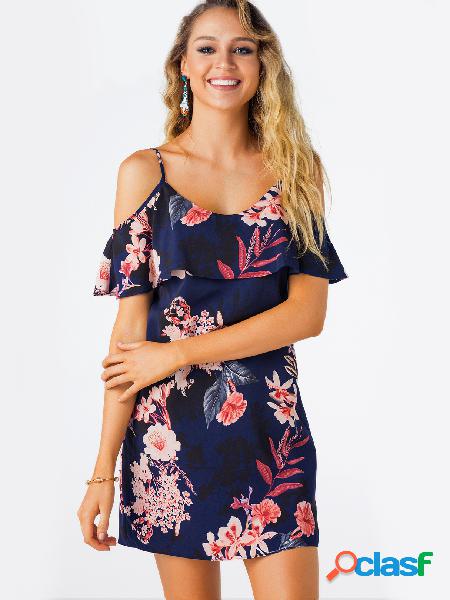 Vestido con hombros descubiertos florales al azar en azul