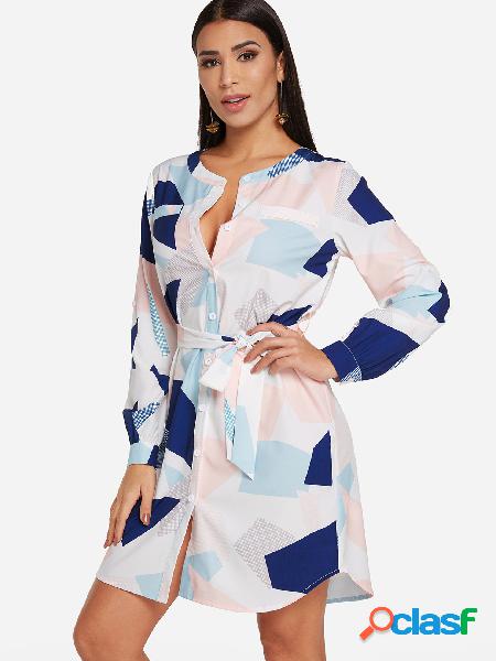 Vestido de camisa de manga larga geométrica al azar diseño