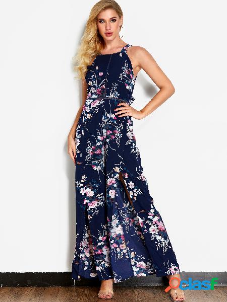 Vestido largo sin espalda con estampado floral azul marino