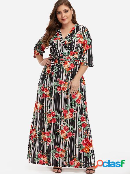 Vestido maxi con estampado floral y rayas con múltiples