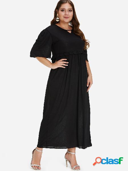 Vestido maxi plisado con ribete de volante negro y talla