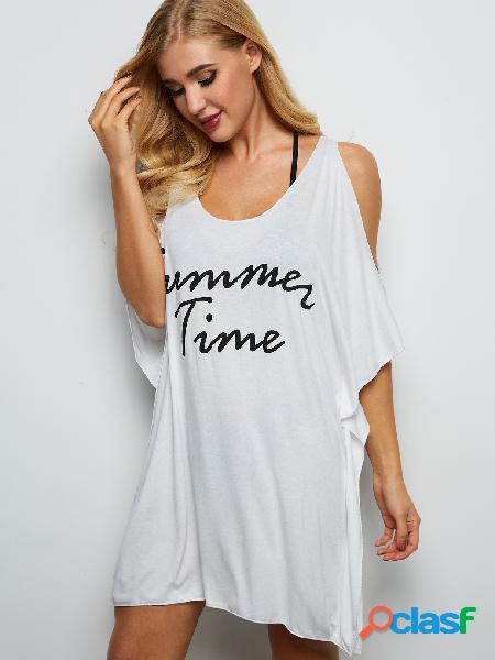 White Oversize Cold Shoulder Letter Print Ropa de playa