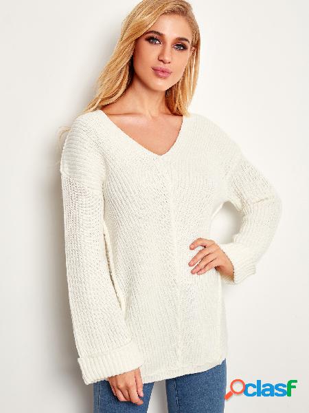 White Plain V-neck Roll-up Sleeves Sweaters