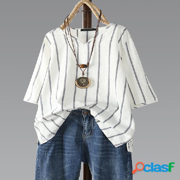 vendimia Manga 3/4 a rayas con cuello en V Plus Talla Blusa