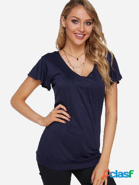Camiseta plisada con volantes y mangas con cuello en V de