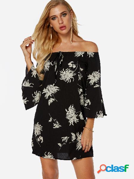 Estampado floral negro fuera del hombro 3/4 longitud mangas