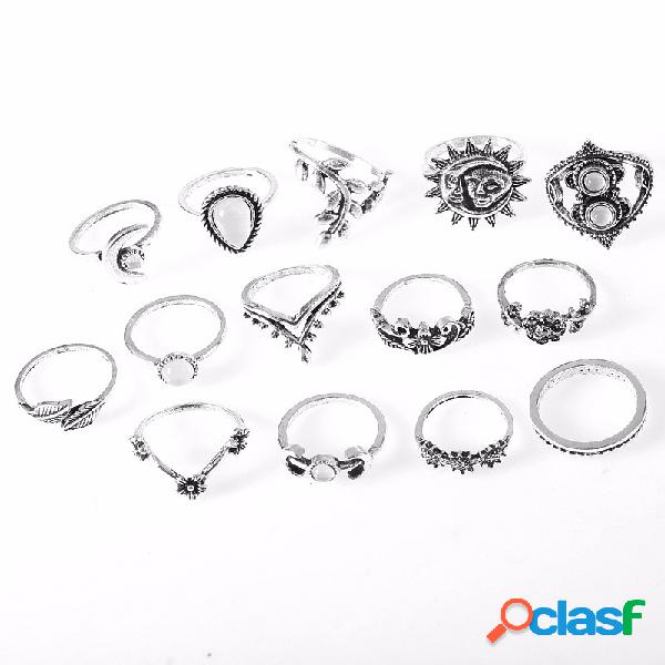 Moda girasol luna sol anillos conjunto 14 piezas Rhinestone