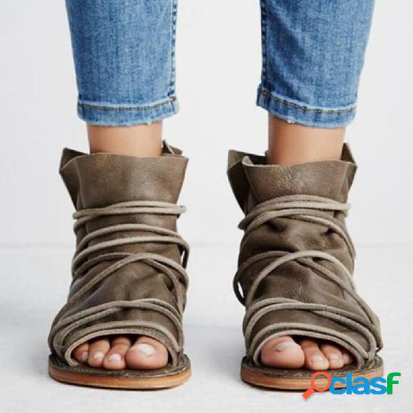 Mujer Casual Open Peep Toe Lace Strap High Top Flat