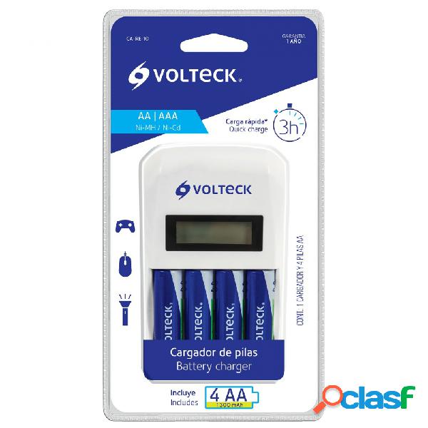 Volteck Cargador con Display para 4 Pilas AA/AAA - Incluye 4