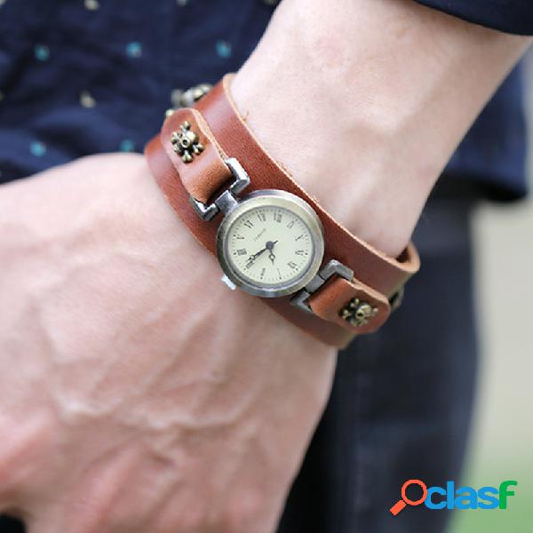 vendimia Reloj de pulsera de cuero de vaca Cráneo Remache