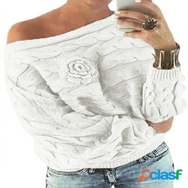 Blanco De hombro mangas de ala de murciélago Suéter floral