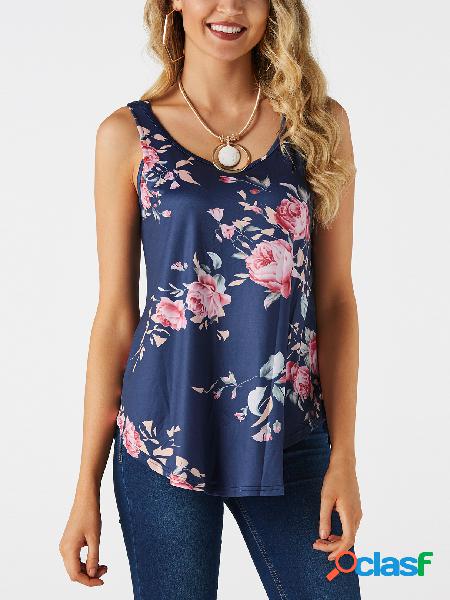 Blue Crossed Back Design Floral Print Chaleco sin mangas de