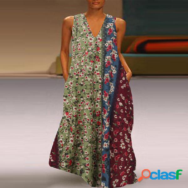 Bohemia Estampado floral Patchwork Sin mangas Plus Talla
