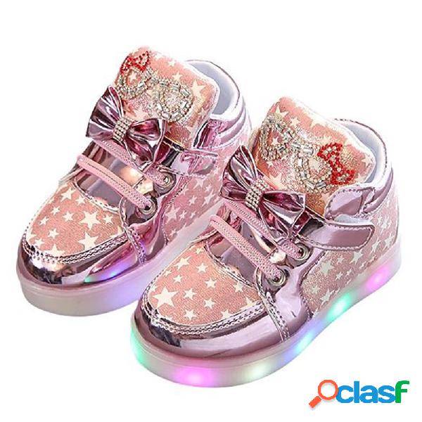 Niñas bowknot Rhinestone decoración LED Hook Loop zapatos