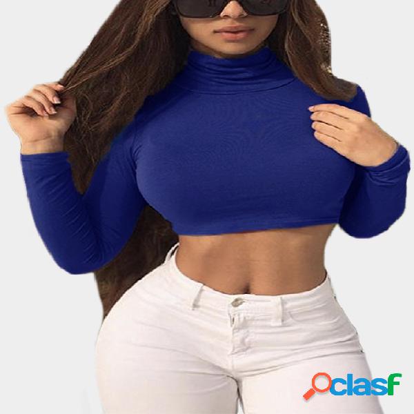 Top de Bodycon de manga larga con cuello vuelto azul