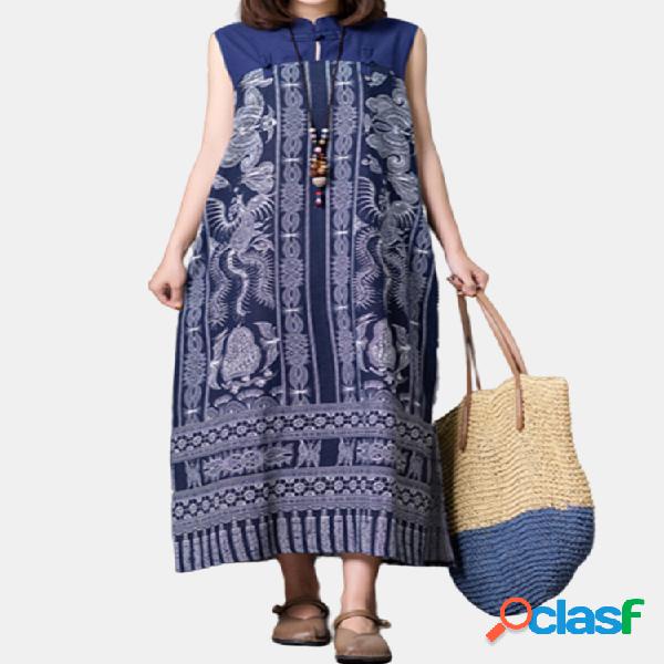 vendimia Imprimir Patchwork sin mangas Plus Talla Vestido