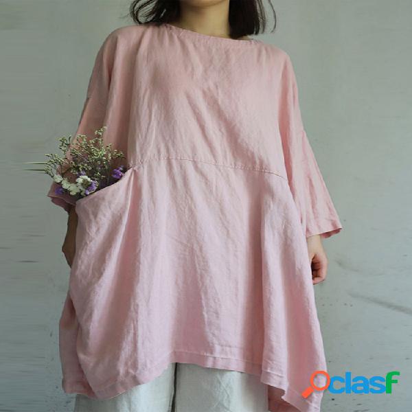 Color sólido Casual O-cuello Plus Tamaño Blusa larga