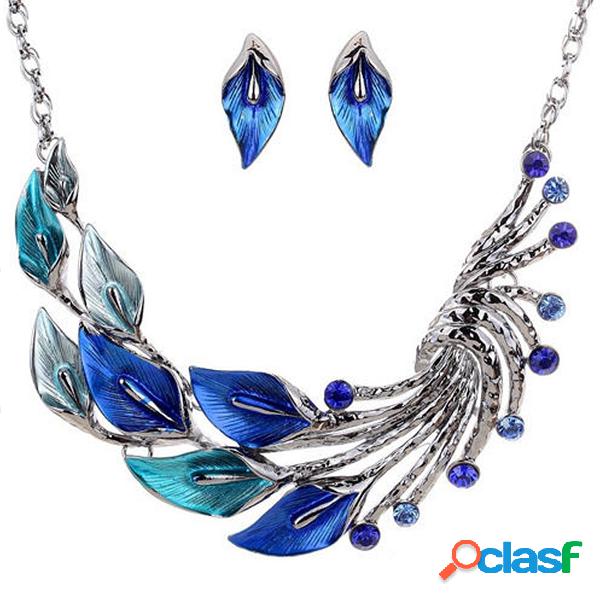 Conjunto de collar de hoja y pavo real con pendientes de