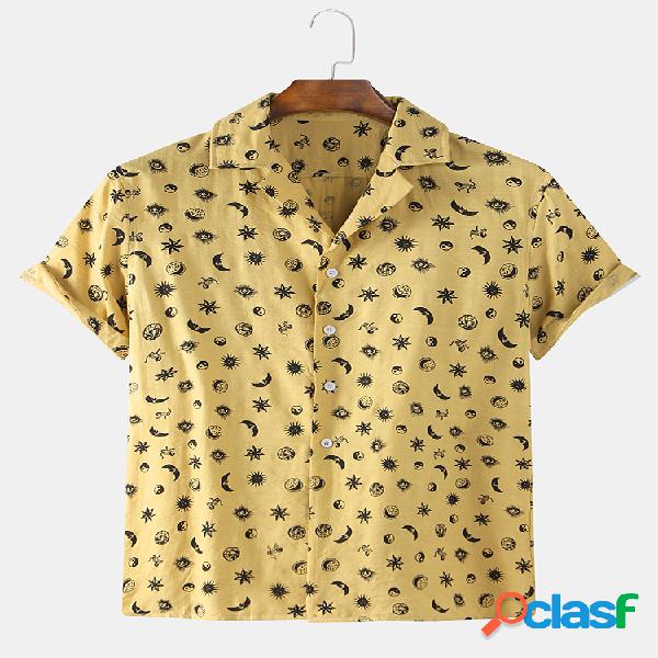 Hombres 95% algodón Fun Star Moon Print Casual Solapa Manga