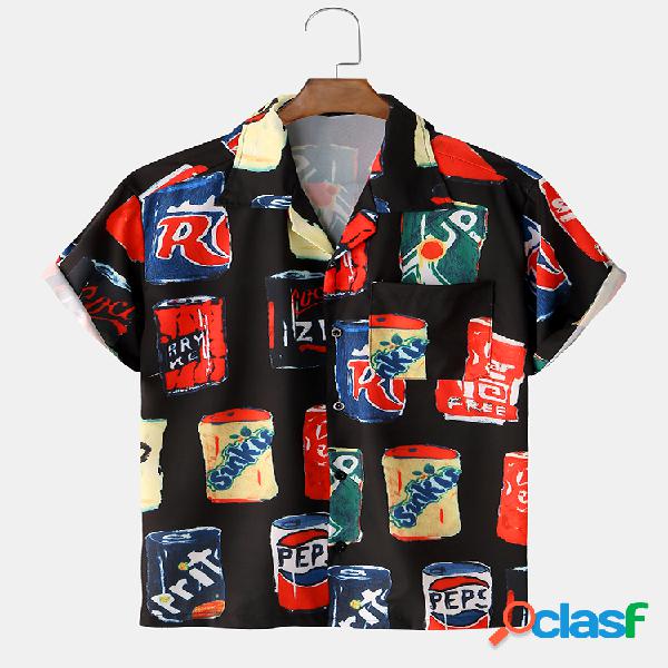 Mens Funny Soda Cans Oil Camisas estampadas de manga corta