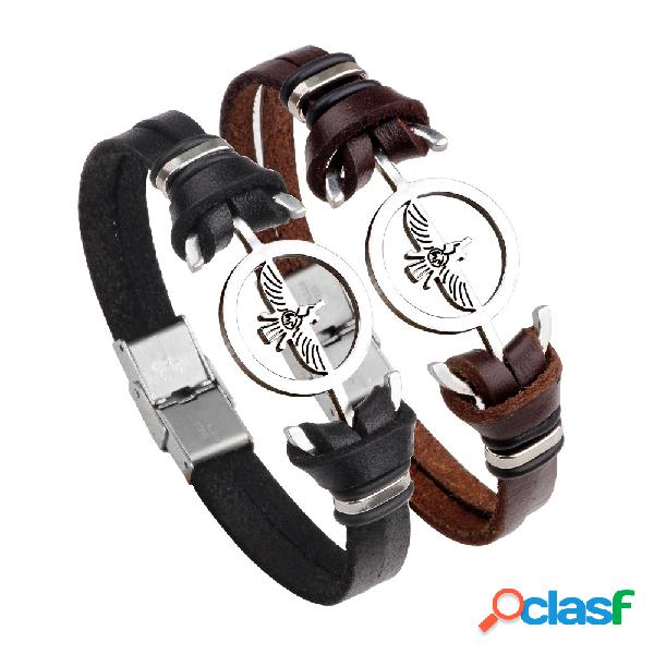 Moda Acero inoxidable Eagle Charm Pulsera de cuero genuino