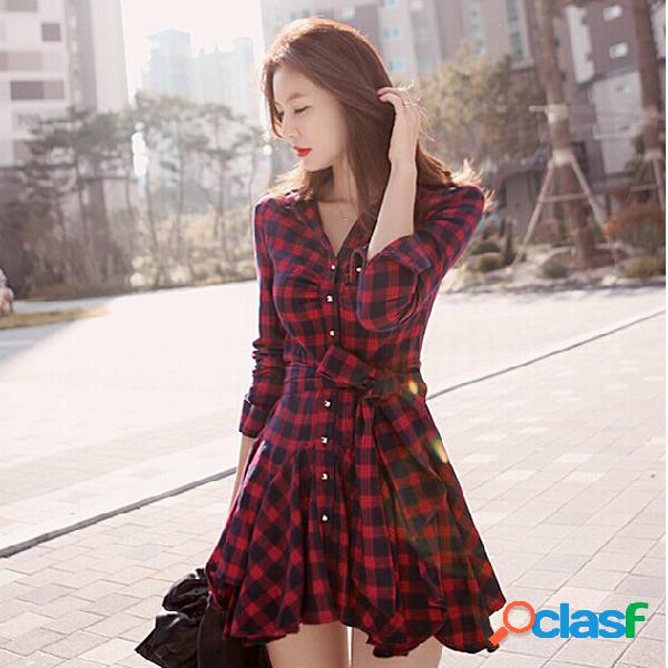 Otoño Vestido Cintura inferior Plaid rojo Manga larga