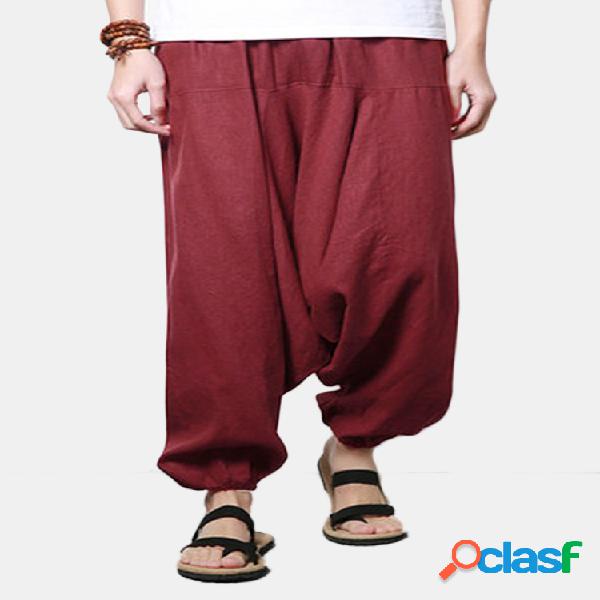 Pantalones harem casuales amplios de lino y algodón para